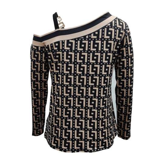 Damen Asymmetrisches Longsleeve mit One-Shoulder, Ziergurt und geometrischem Allover-Print Shop Nory
