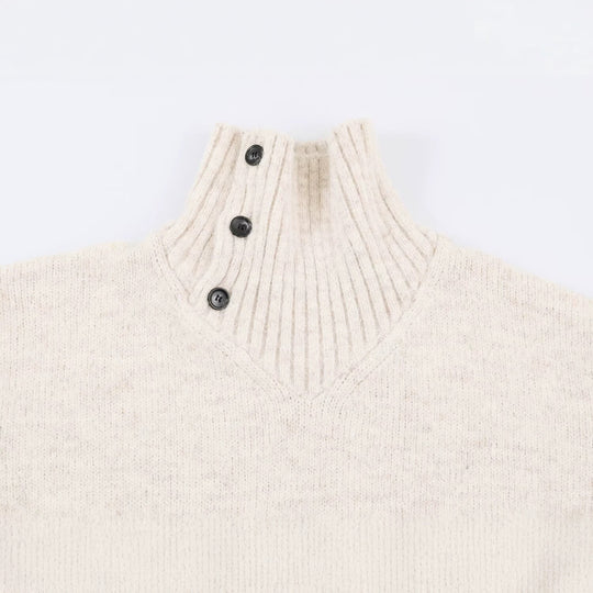 Damen Oversized Strickpullover mit hohem Rippkragen, Knopfdetail und V‑Ausschnitt Shop Nory