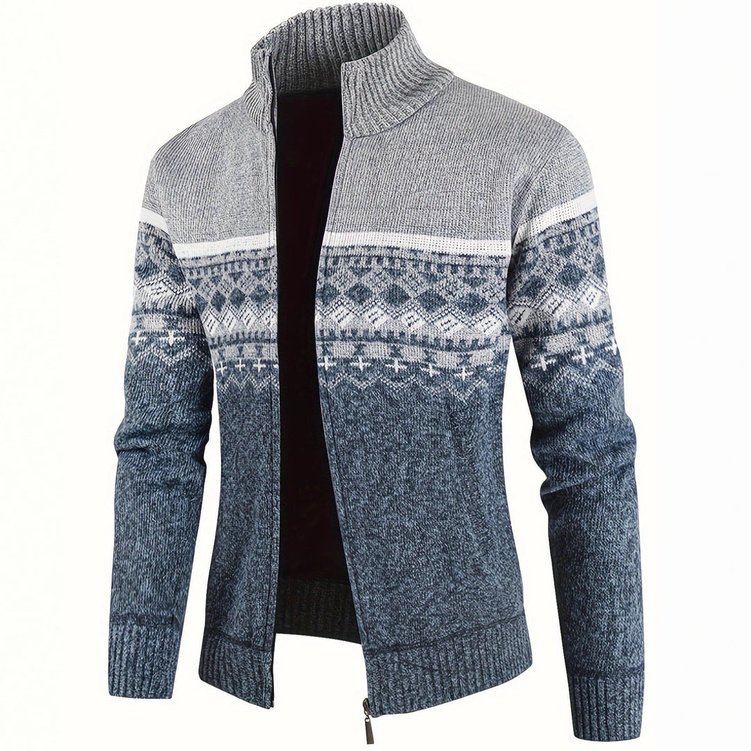 Herren Thermo-Strickjacke mit Stehkragen und Reißverschluss Norwegerstrick Fleece-gefüttert Shop Nory
