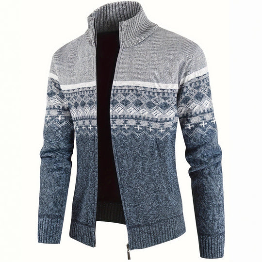 Herren Thermo-Strickjacke mit Stehkragen und Reißverschluss Norwegerstrick Fleece-gefüttert Shop Nory