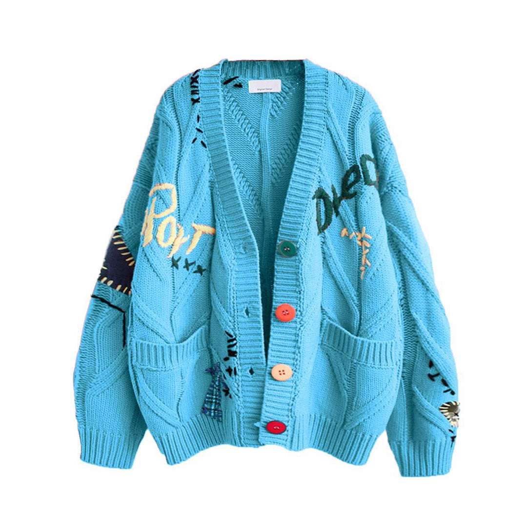 Damen Stylischer Strickcardigan mit bunten Knöpfen und aufwendigem Design