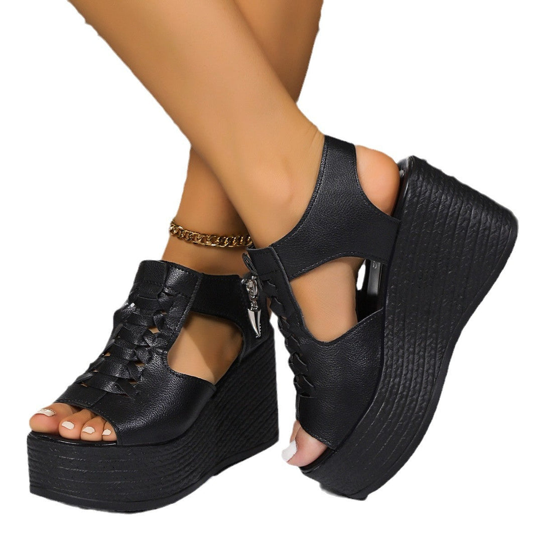 Damen Plateau-Sandalen mit elastischen Schnürungen und Reißverschluss