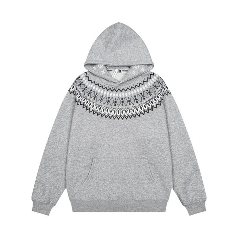 Unisex Oversize Kapuzenpullover mit nordischem Rundpasse-Jacquard, Kängurutasche und Rippbündchen Shop Nory