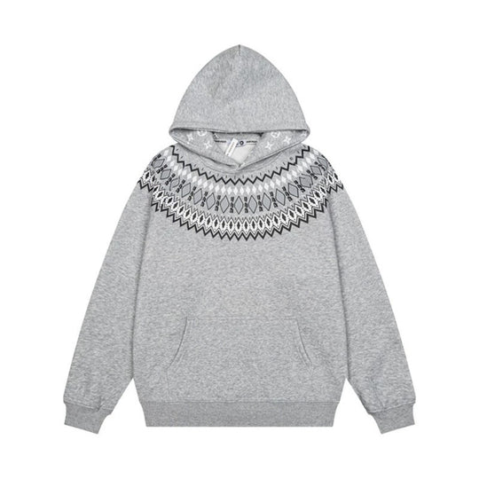 Unisex Oversize Kapuzenpullover mit nordischem Rundpasse-Jacquard, Kängurutasche und Rippbündchen Shop Nory