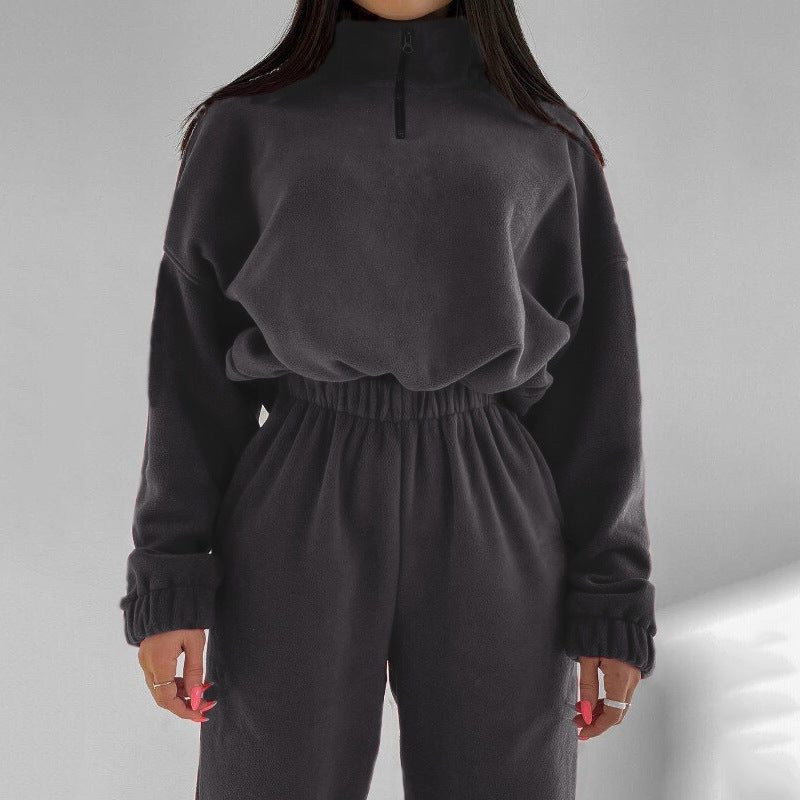 Damen Relax-Fleece-Set mit Stehkragen-Halbzip und geraffter High-Waist-Hose Shop Nory