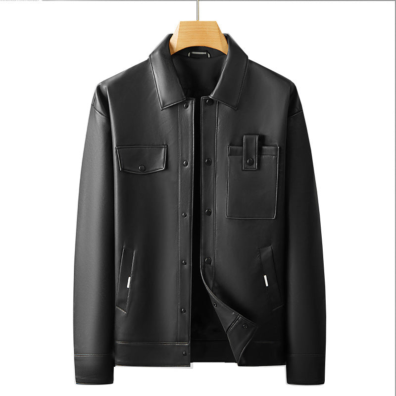 Herren Lederimitat Overshirt-Jacke mit Utility-Brusttasche und Druckknopfleiste Shop Nory