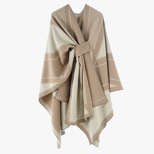 Damen Reversibler Wollmix-Poncho mit grafischem Jacquardmuster und Taillengürtel Shop Nory