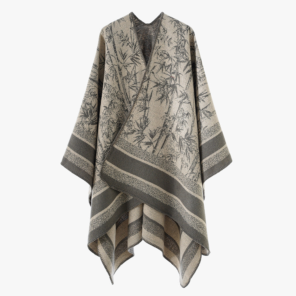 Damen Jacquard‑Poncho im Cape‑Stil mit Bambusmotiv und offener Vorderseite Shop Nory