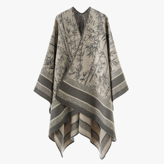 Damen Jacquard‑Poncho im Cape‑Stil mit Bambusmotiv und offener Vorderseite Shop Nory