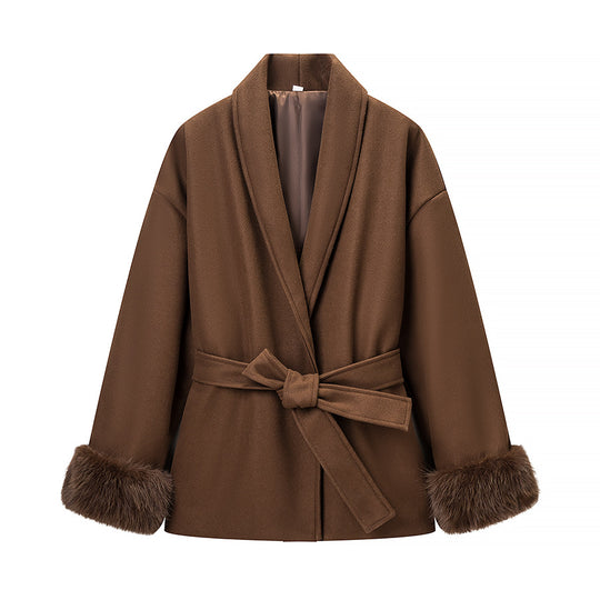 Damen Wickel-Mantel mit Bindegürtel und Fellbesatz an den Ärmeln Shop Nory