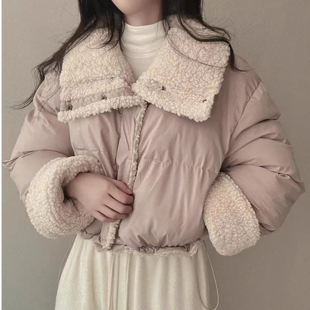 Damen nan kurze gesteppte Pufferjacke mit Teddykragen, krempelbaren Ärmeln und Tunnelzugsaum Shop Nory