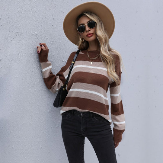 Damen Gestreifter Feinstrickpullover mit Rundhals und legerer Oversize-Passform Shop Nory