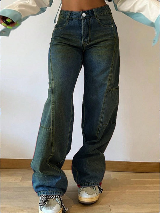 Damen High-Waist weite Cargo-Denimhose mit Nahtpaneelen und Baggy-Silhouette Shop Nory