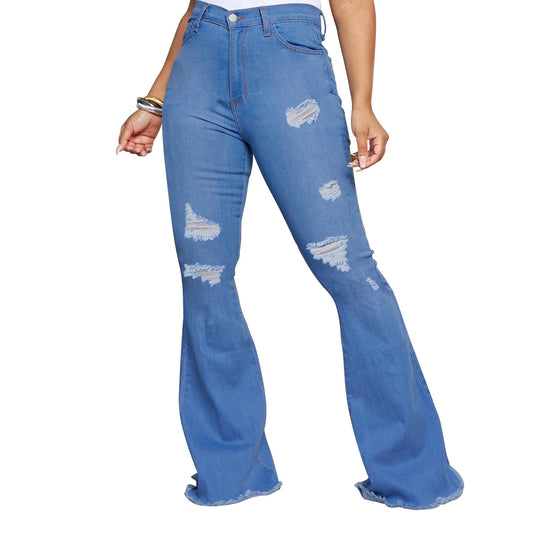 Damen Taillenbetonte Schlagjeans mit zerrissenen Einsätzen und rohem Saum Shop Nory