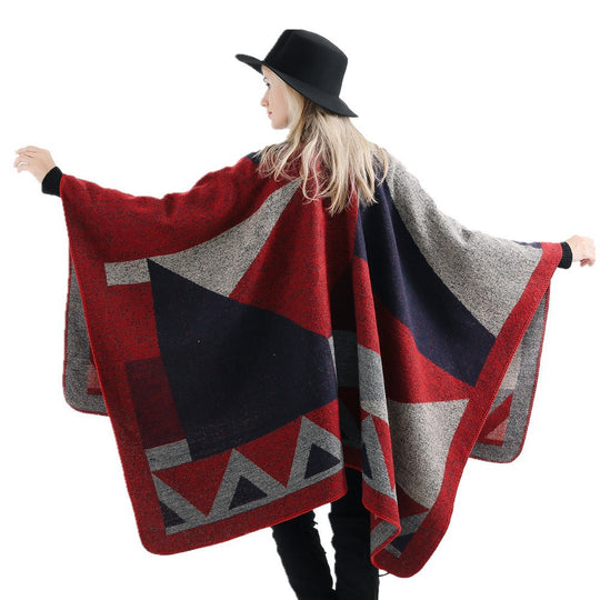 Damen Vielseitiger Wollmix-Überwurfponcho mit geometrischem Jacquard und offener Front Shop Nory