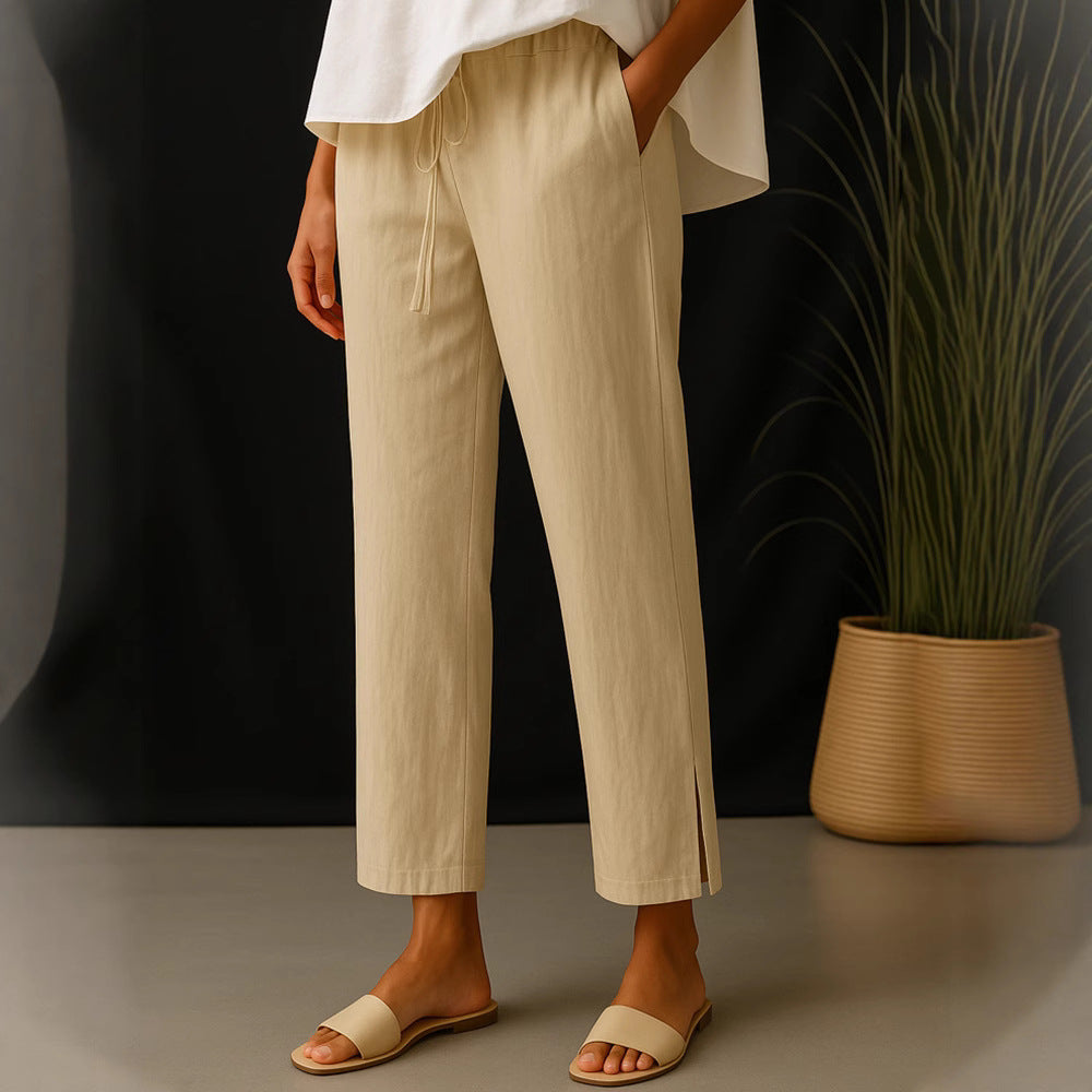 Damen Casual-Chino Leinenoptik Culotte mit elastischem Tunnelzugbund und Eingrifftaschen Shop Nory