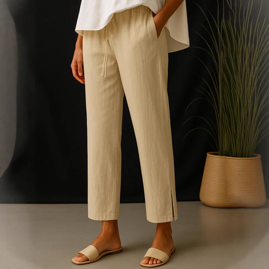 Damen Casual-Chino Leinenoptik Culotte mit elastischem Tunnelzugbund und Eingrifftaschen Shop Nory