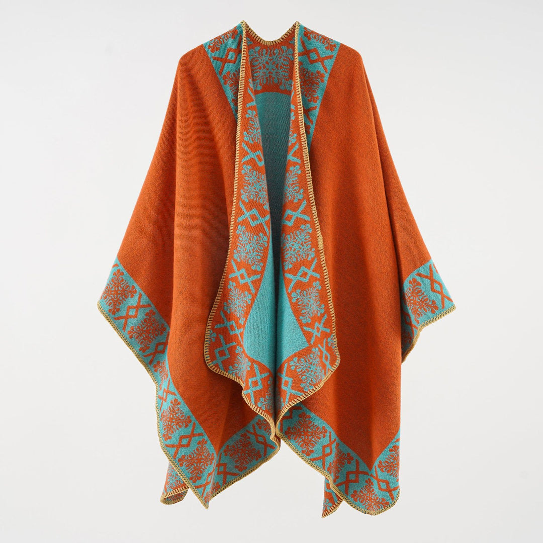 Damen Oversize-Umhangponcho aus Wollmix mit gewebter Bordüren-Jacquard und Zierkettelnaht Shop Nory