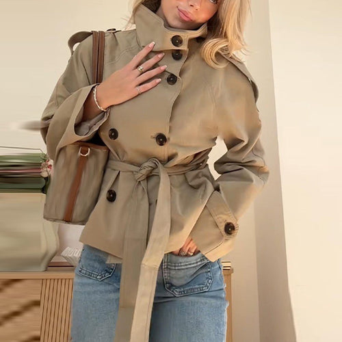 Damen Kurz geschnittener Trench‑Cape mit abnehmbaren Ärmeln, Stehkragen und Doppelreiher Shop Nory