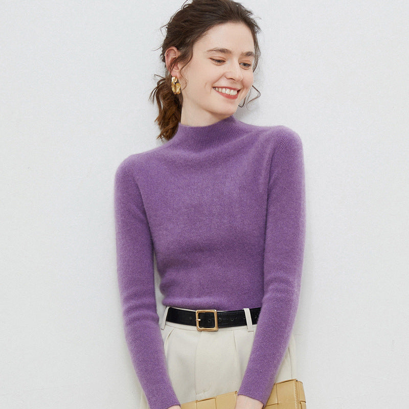 Damen Leichter taillierter Mockneck-Pullover in kaschmirähnlicher Mohair-Optik mit feiner Rippenstruktur Shop Nory