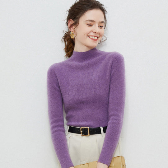 Damen Leichter taillierter Mockneck-Pullover in kaschmirähnlicher Mohair-Optik mit feiner Rippenstruktur Shop Nory