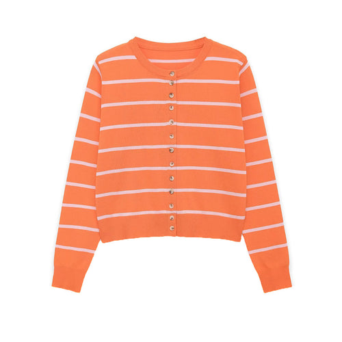 Damen Kurzgeschnittener Feinstrick‑Cardigan mit horizontalen Streifen und Perlmuttknöpfen Shop Nory