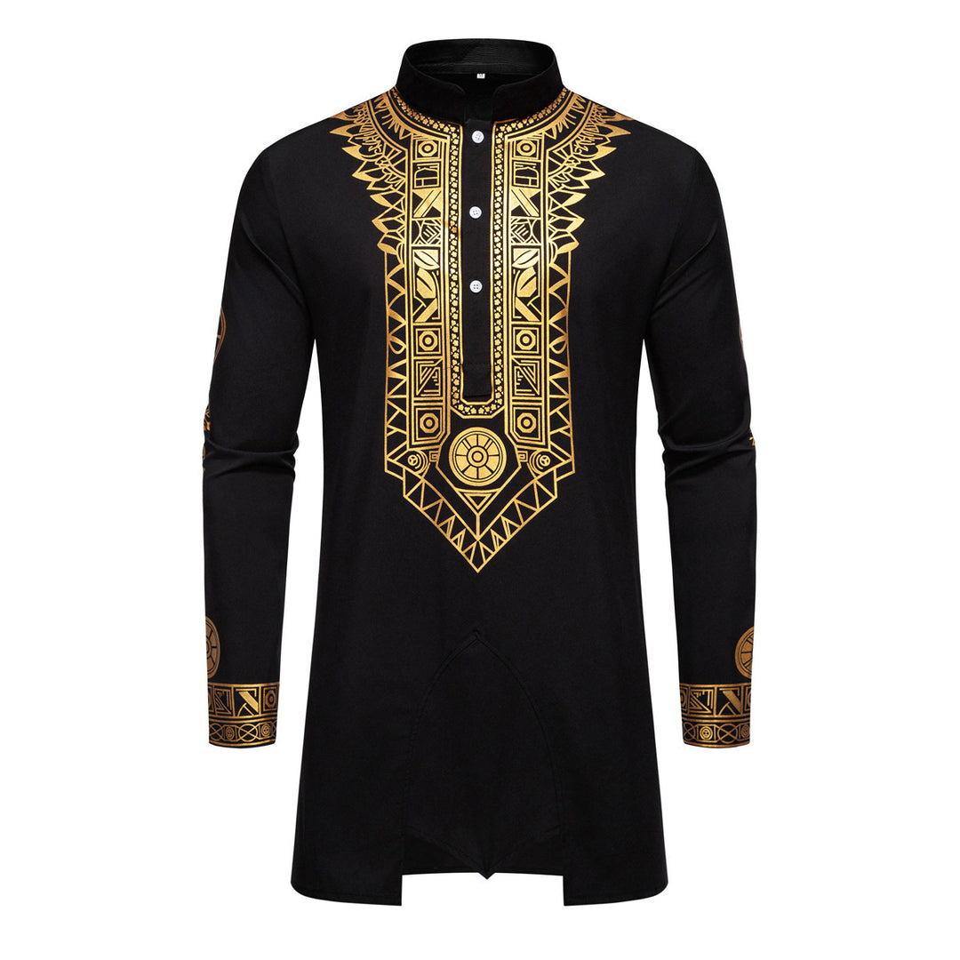 Herren Traditionelles Langarm-Kurta-Set mit Stehkragen, goldfarbenem Ornamentdruck und Tunnelzughose Shop Nory