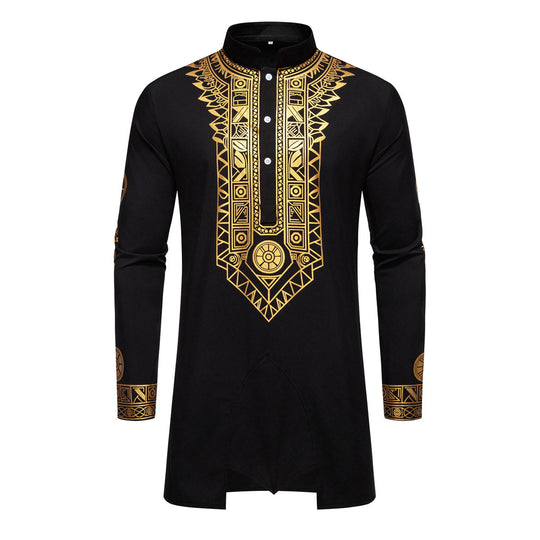 Herren Traditionelles Langarm-Kurta-Set mit Stehkragen, goldfarbenem Ornamentdruck und Tunnelzughose Shop Nory