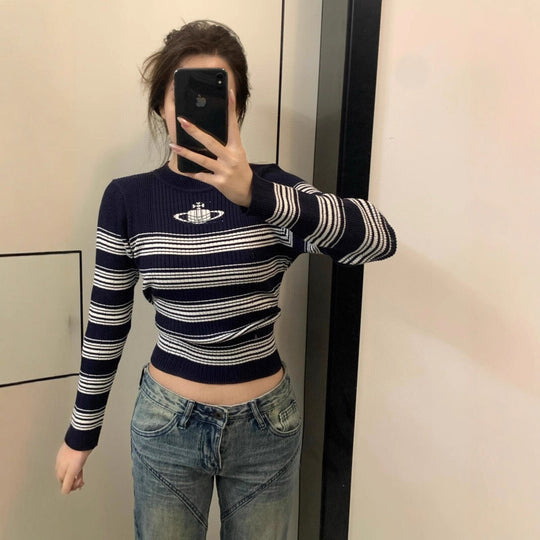 Damen Modischer Rippstrickpullover mit Streifen Shop Nory