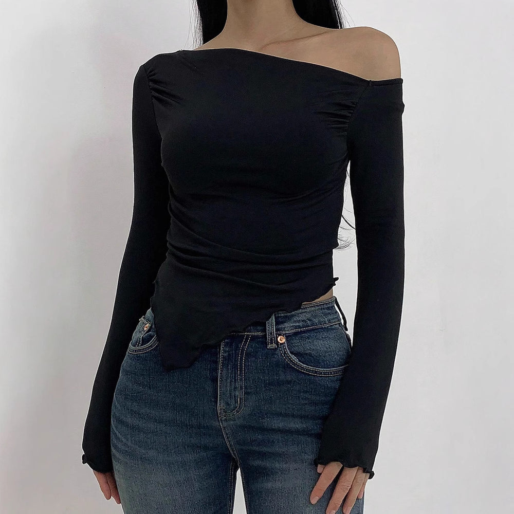 Damen Schulterfreies Figurbetontes Langarm-Cropped-Shirt mit Raffung und Wellensaum Shop Nory