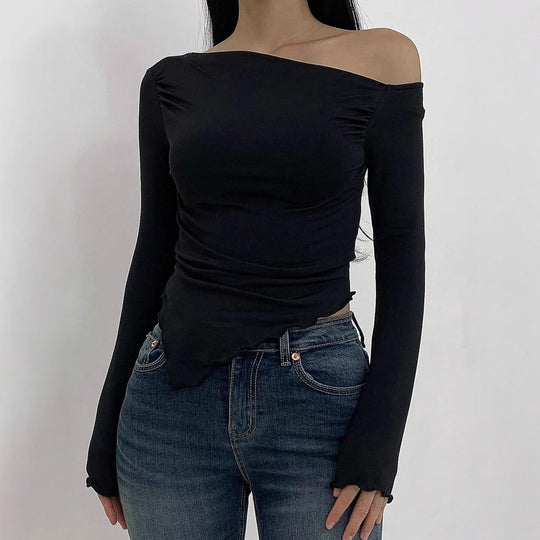 Damen Schulterfreies Figurbetontes Langarm-Cropped-Shirt mit Raffung und Wellensaum Shop Nory