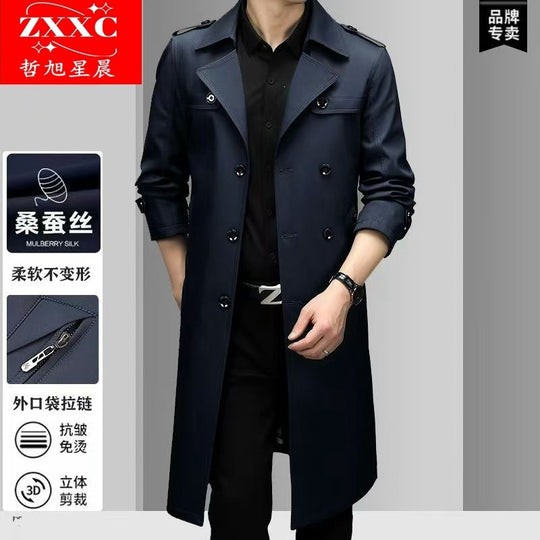 Herren Doppelreihiger taillierter Trenchcoat mit Schulterklappen Shop Nory