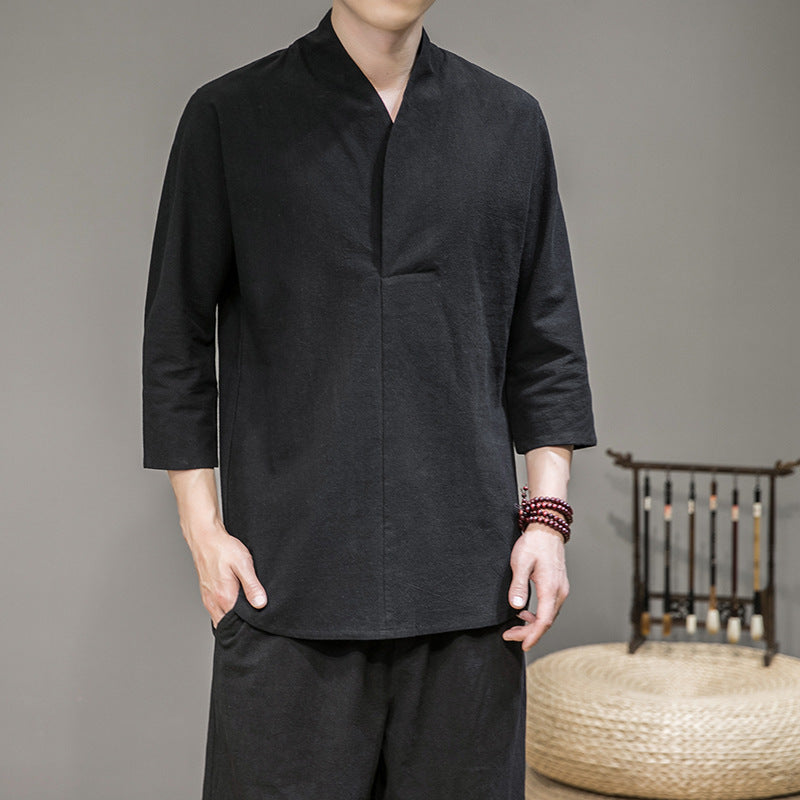 Herren modern geschnittene Kimono-Hemdjacke mit V-Kragen und 3/4-Ärmeln Shop Nory