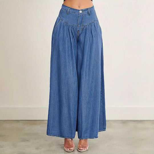 Damen Hochtaillierte Denim-Palazzohose mit geraffter Kellerfalte und extra weitem Bein Shop Nory