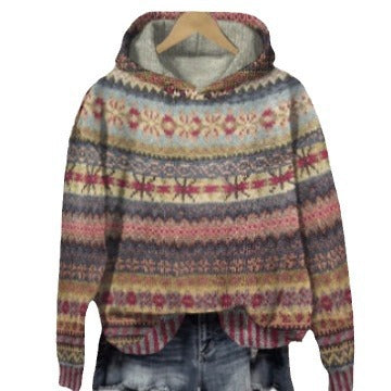Damen nan oversized Strickkapuzenpullover mit Norwegermuster, gefütterter Kapuze und gerippten Bündchen Shop Nory