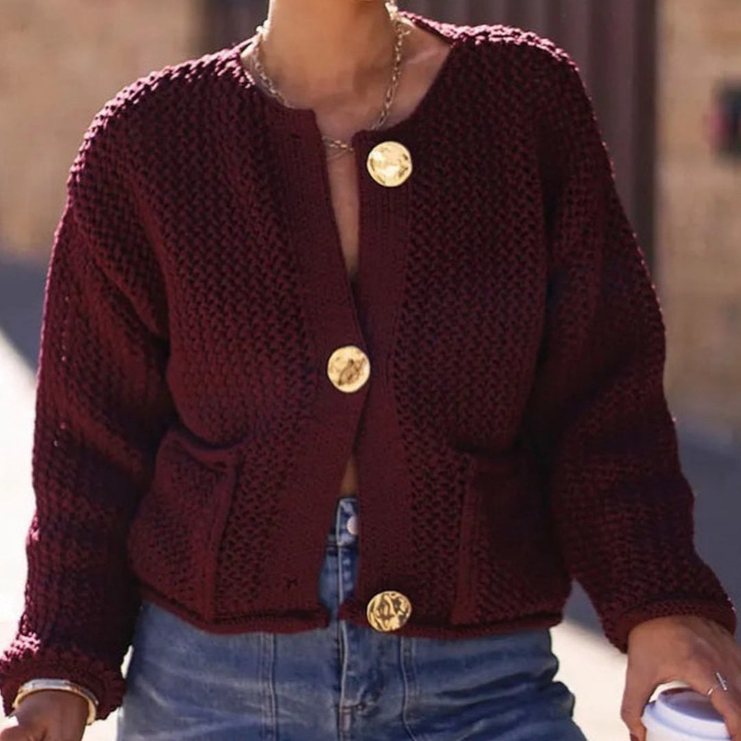 Damen Strickjacke mit offener Netz-Struktur, Zierknöpfen und aufgesetzten Taschen Shop Nory