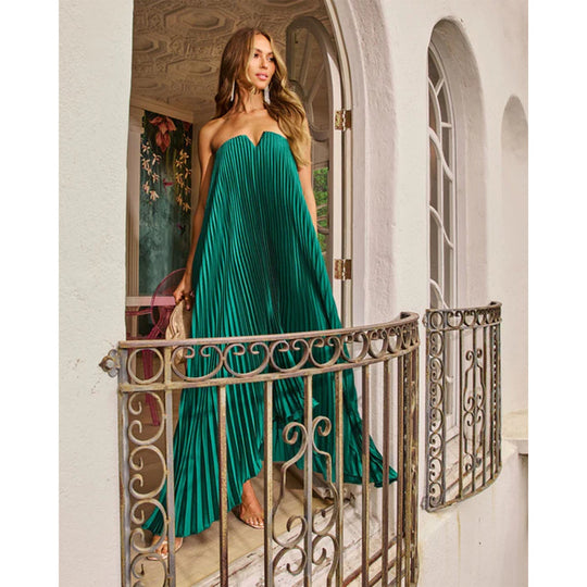 Damen Maxikleid mit plissiertem Oberteil und elegantem V-Ausschnitt