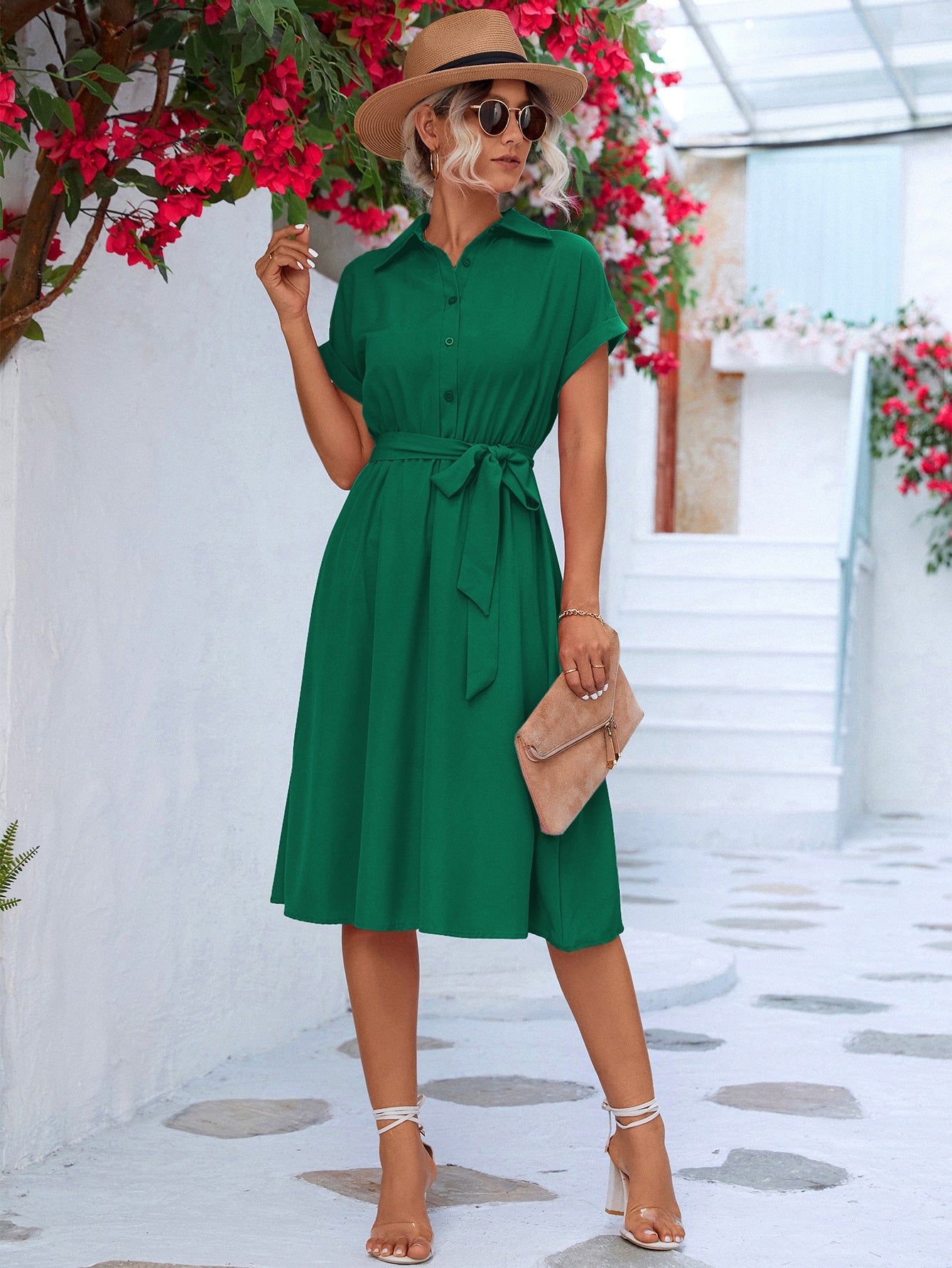 Damen Hemdblusenkleid mit eleganter Taillierung und modischem Bindegürtel