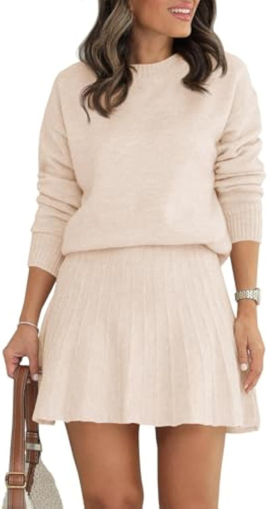 Damen Zweiteiliges Strick-Set mit Rundhals-Pullover und Plissée-Minirock Shop Nory