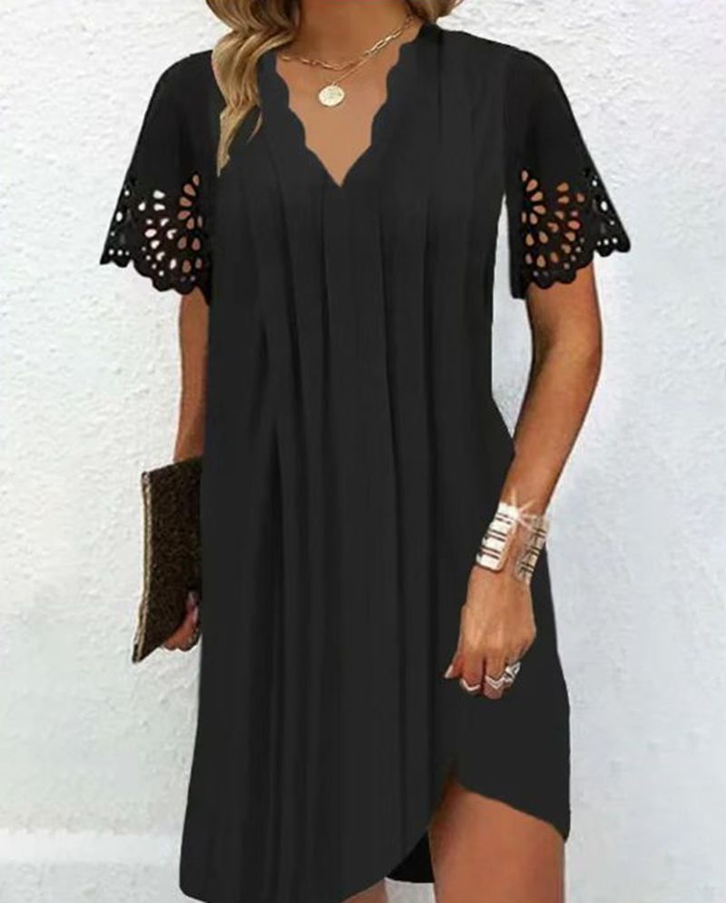Damen nan leichtes Sommerkleid mit gezacktem V-Ausschnitt Ajourärmeln und geschwungenem Saum