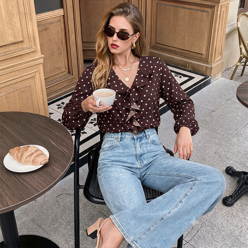 Damen Gepunktete Rüschenbluse mit V‑Ausschnitt, langen Ärmeln und elastischen Manschetten Shop Nory