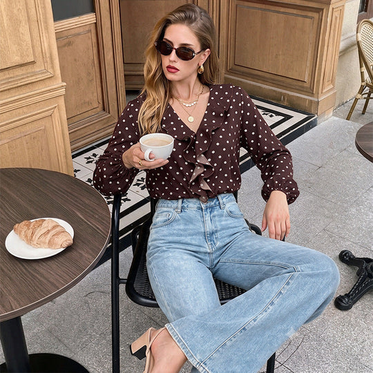 Damen Gepunktete Rüschenbluse mit V‑Ausschnitt, langen Ärmeln und elastischen Manschetten Shop Nory