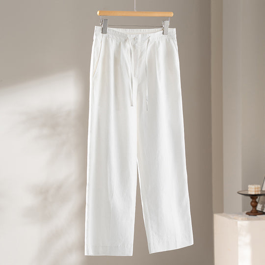 Damen Culotte-ähnliche Leinenhose mit Tunnelzug, Bundfalten und geradem Bein Shop Nory