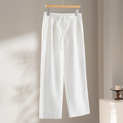 Damen Culotte-ähnliche Leinenhose mit Tunnelzug, Bundfalten und geradem Bein Shop Nory