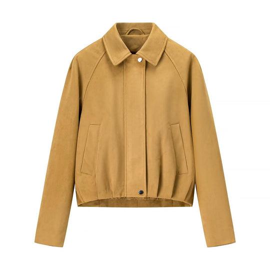 Damen Kurzjacke im Veloursleder-Look mit Raglanärmeln und elastischem Saum Shop Nory