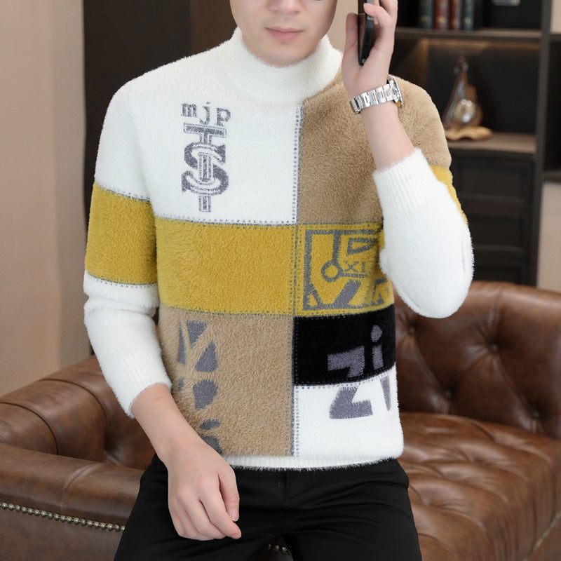 Herren Gemusterter Rollkragenpullover aus flauschigem Bouclé‑Mix mit Patch‑Intarsien Shop Nory