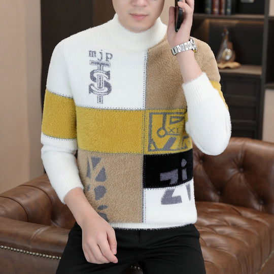 Herren Gemusterter Rollkragenpullover aus flauschigem Bouclé‑Mix mit Patch‑Intarsien Shop Nory