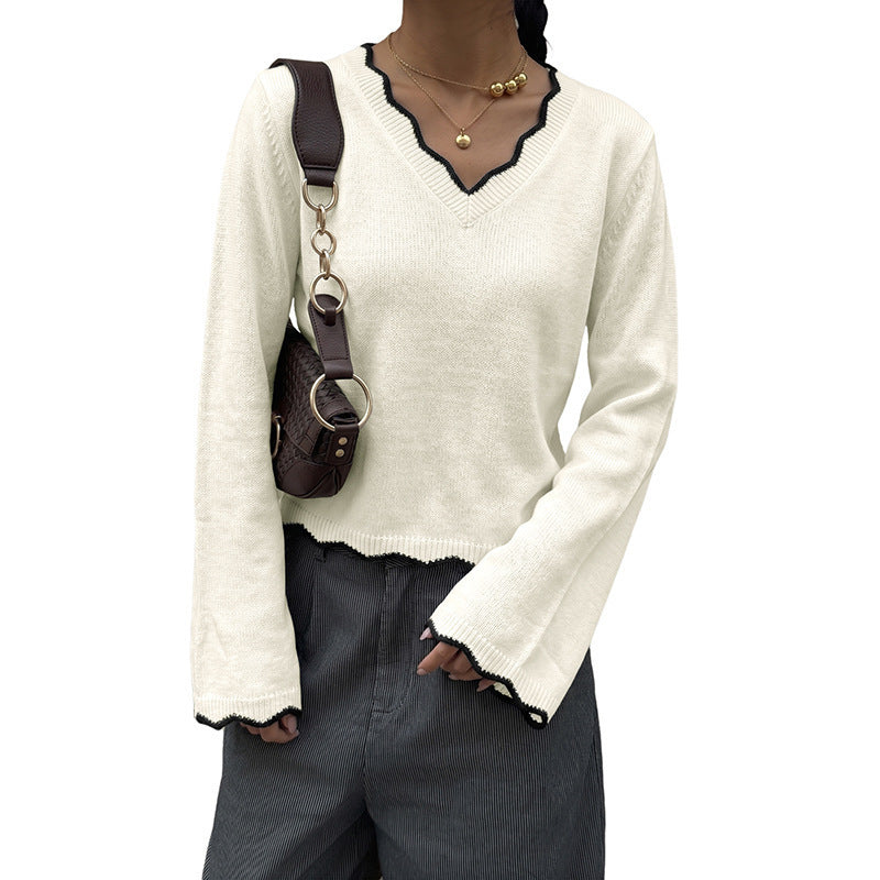 Damen Cropped V‑Ausschnitt Feinstrickpullover mit gewellter Kontrastkante Shop Nory