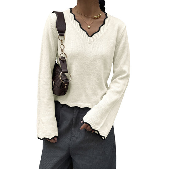 Damen Cropped V‑Ausschnitt Feinstrickpullover mit gewellter Kontrastkante Shop Nory
