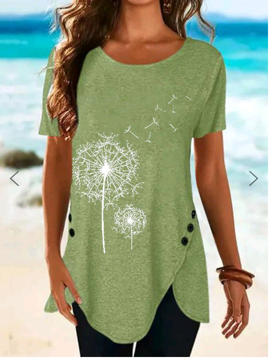Damen Kurzarmshirt mit asymmetrischem Saum und Dandelion-Print